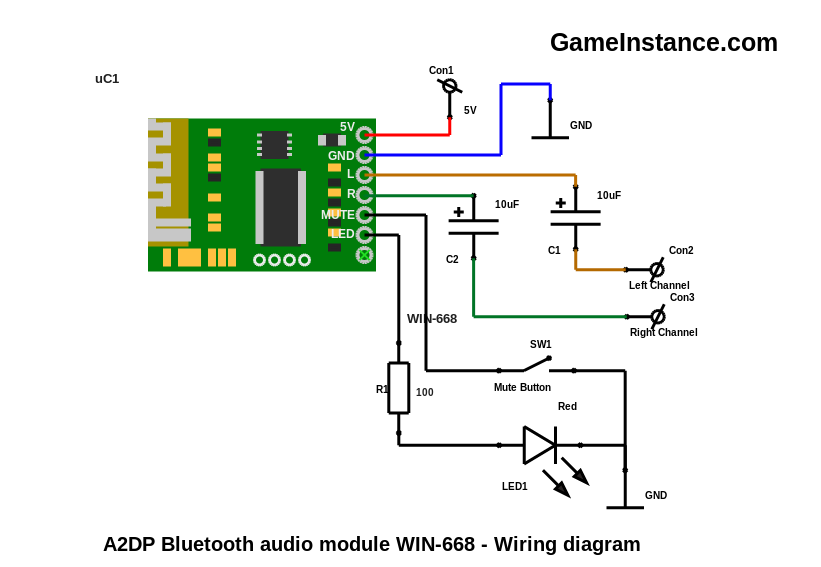 A2DP Bluetooth audio module WIN-668 - wiring diagram