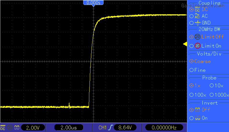 Power supply manifesting a turn-on undershot for ~10 us until settling to 12.3 V.