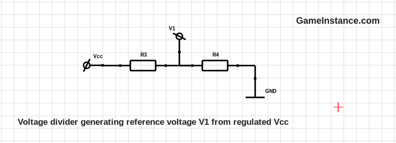 Voltage divider generating reference voltage V1 from regulated Vcc