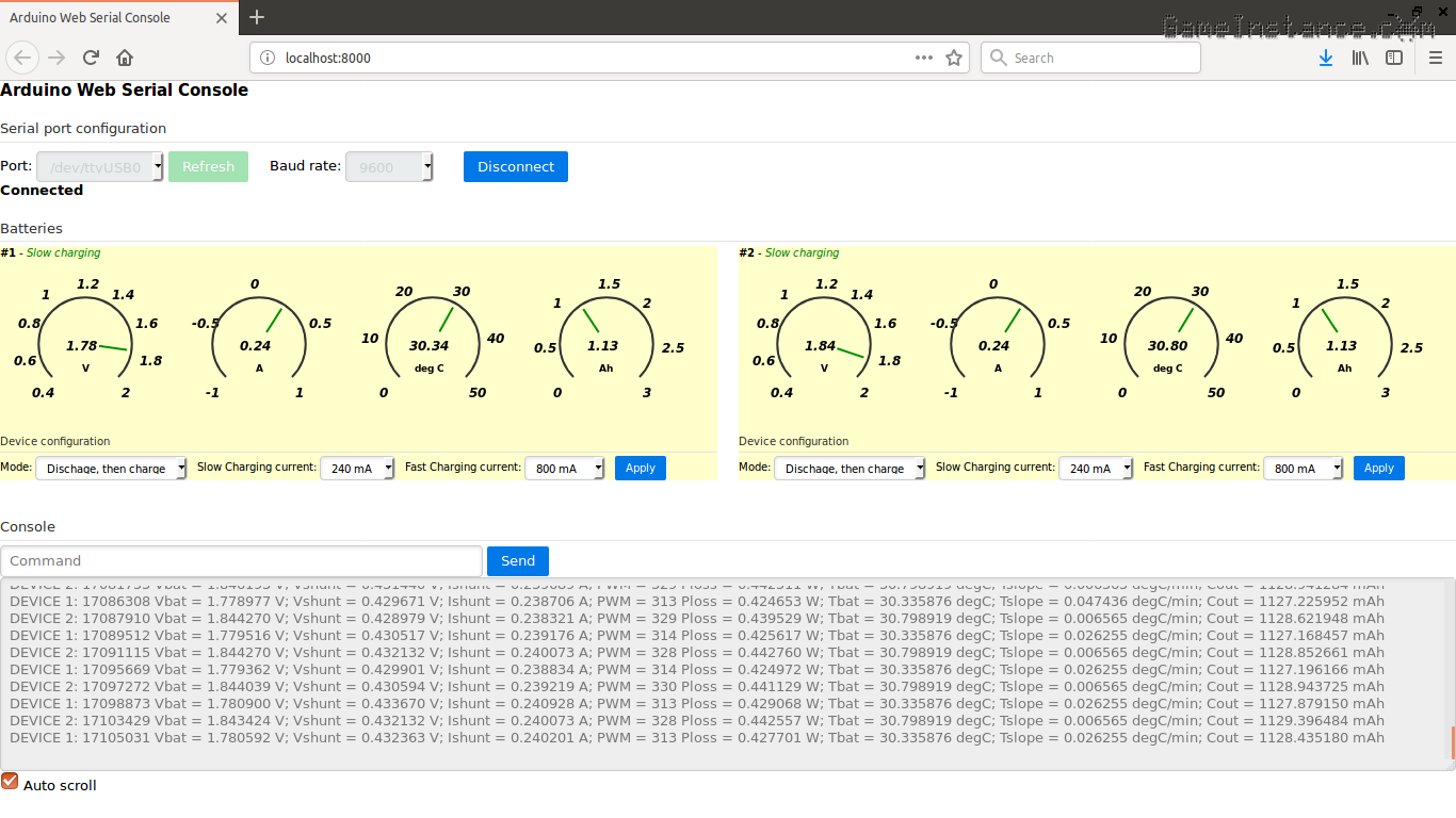 Arduino Web Console modified to interface the NiMH smart charger project. Battery parameters are monitored in real-time. Charger configuration changes can be made on-the-fly.