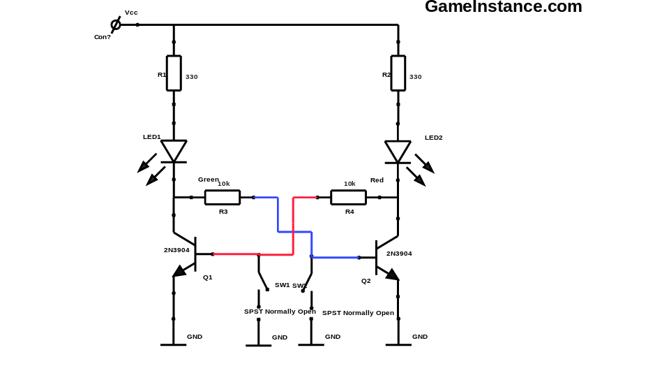 Flip-flop schematics - LEDs indicating the state