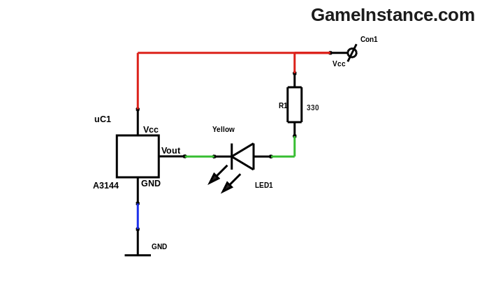 Hall Effect sensor A3144 - Switching LED schematic