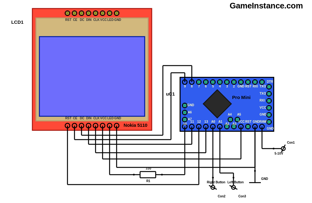 Arduino and Nokia 5110 LCD schematics for the Snake game