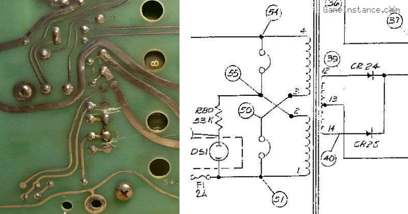 HP 6289A board showing the transformer wiring for 230 V. The schematic represents the original 115 V configuration, for the US.