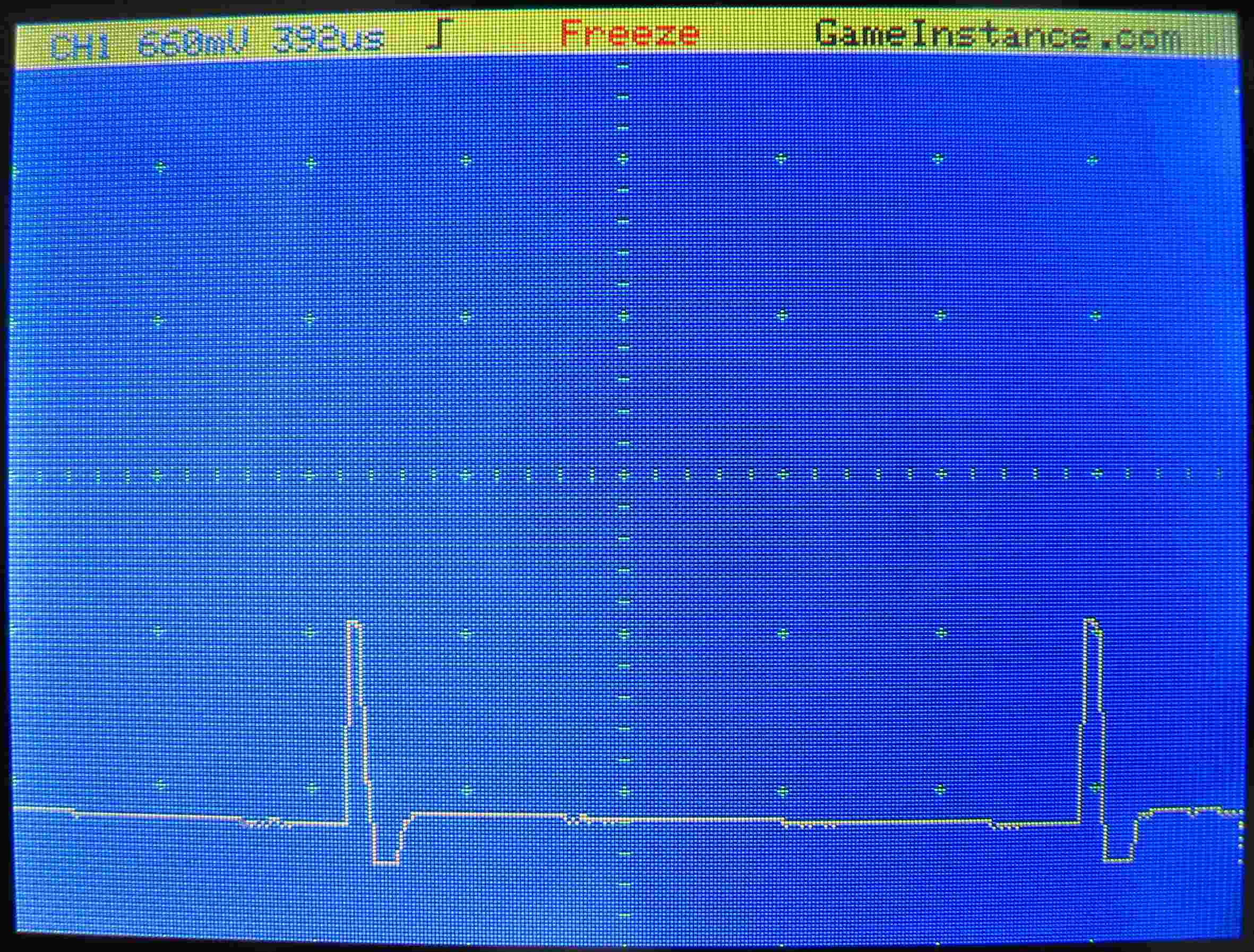 Wave shape in Q<sub>1</sub>'s drain - a distorted 3.125% duty cycle PWM signal, attenuated by a 1/11 factor