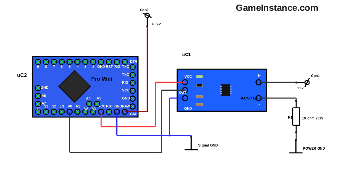 ACS712 breakout board - test setup with Arduino Pro Mini